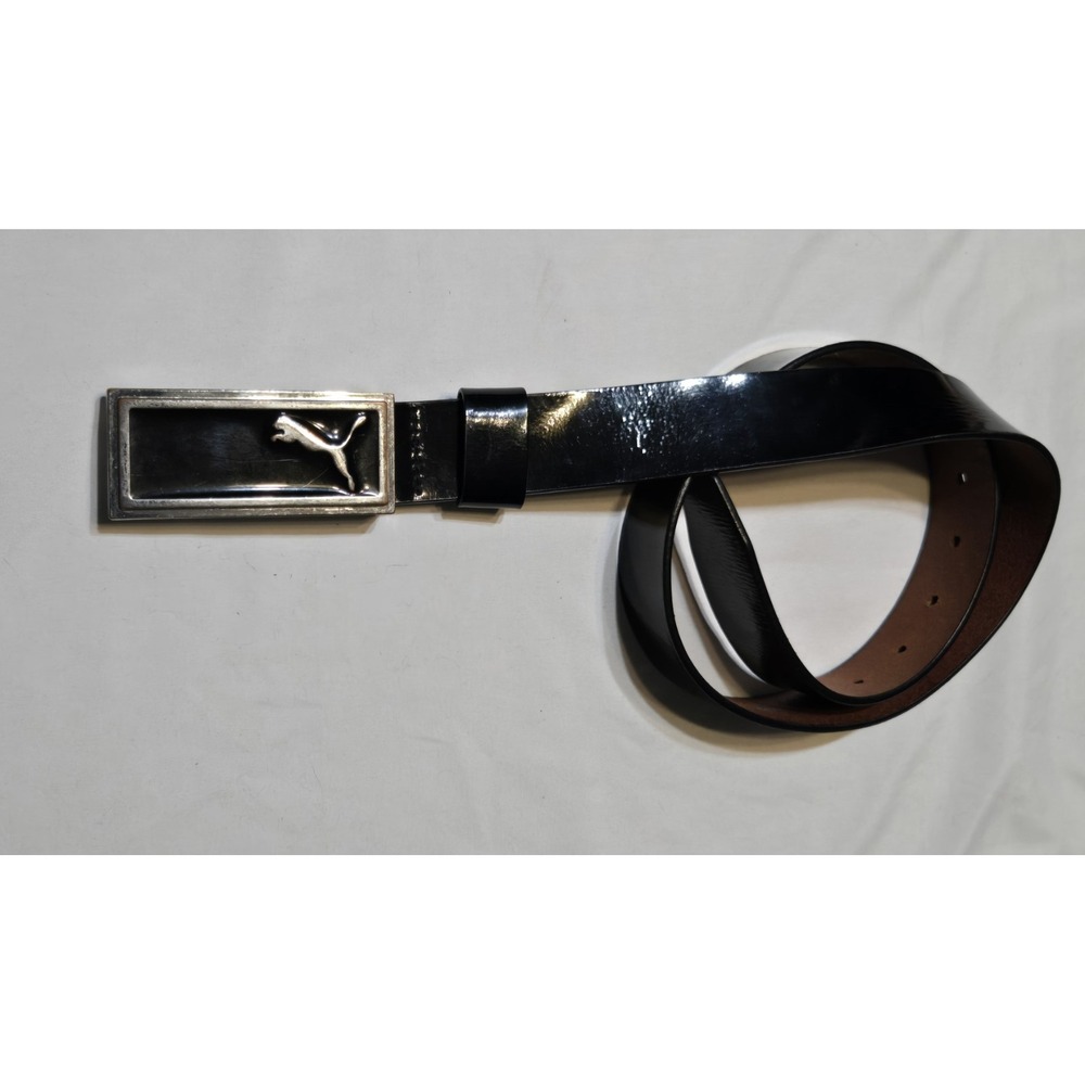 Vtg Puma Black Leather Big Buckle Speedcat Mostro Belt Size Medium 32-34" Shiek